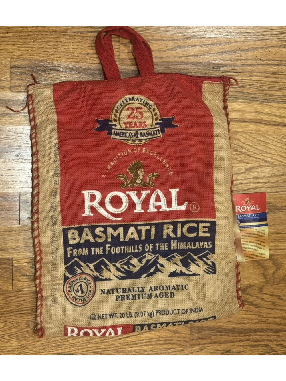 Royal Basmati Rice Burlap Bag Handles Zipper 25 Anniversary Novelty Tote No Rice